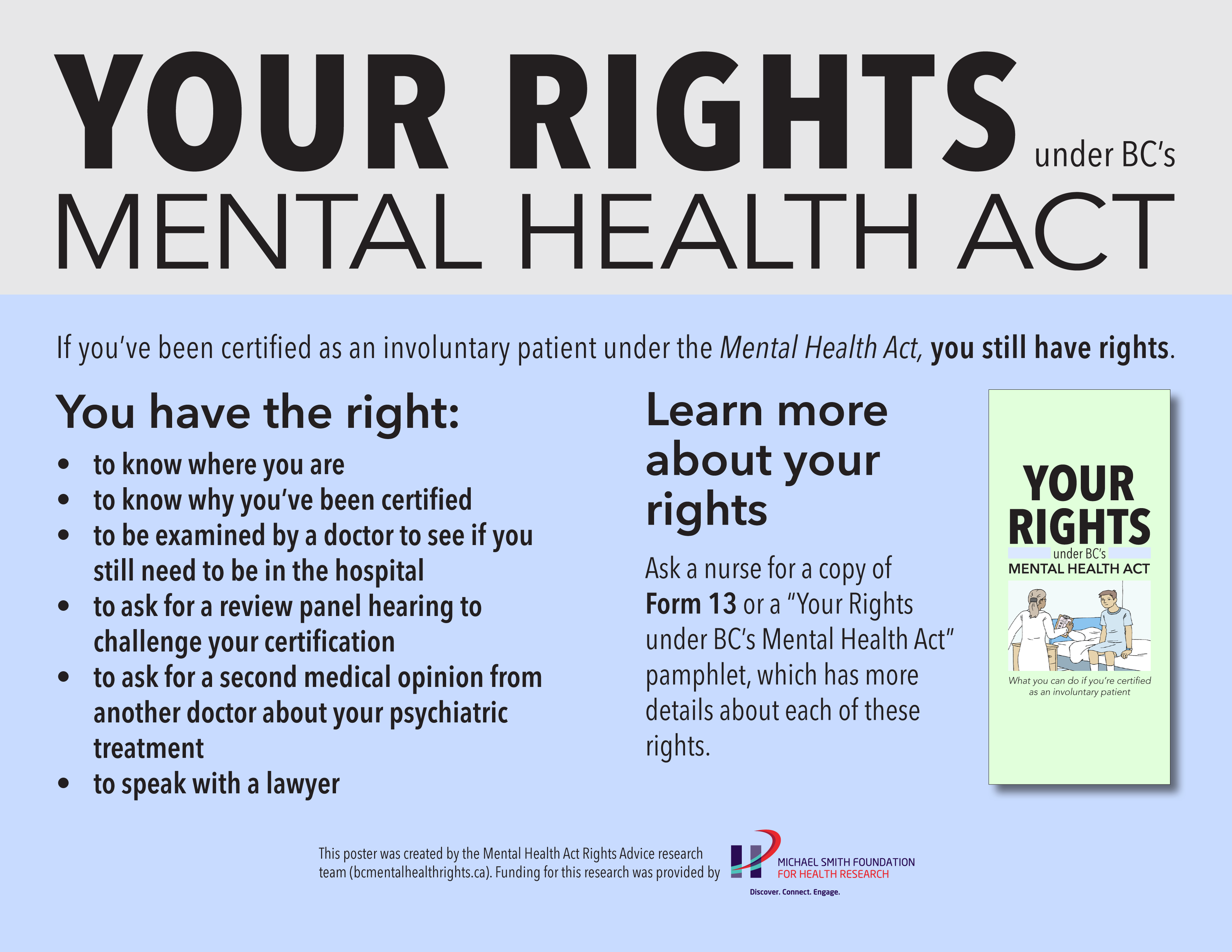 Small poster. Text says, "Your rights under BC's Mental Health Act If you’ve been certified as an involuntary patient under the Mental Health Act, you still have rights. You have the right: to know where you are to know why you’ve been certified to be examined by a doctor to see if you still need to be in the hospital to ask for a review panel hearing to challenge your certification to ask for a second medical opinion from another doctor about your psychiatric treatment to speak with a lawyer Learn more about your rights Ask a nurse for a copy of Form 13 or a “Your Rights under BC’s Mental Health Act” pamphlet, which has more details about each of these rights. [Image of the front of the pamphlet]. This poster was created by the Mental Health Act Rights Advice research team (bcmentalhealthrights.ca). Funding for this research was provided by the Michael Smith Foundation for Health Research." [Image of the Michael Smith Foundation for Health Research logo]